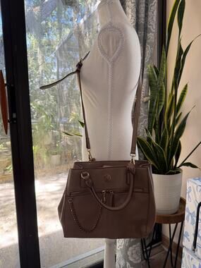 Anne Klein Taupe Satchel Crossbody Purse Gold Chain Work Bag